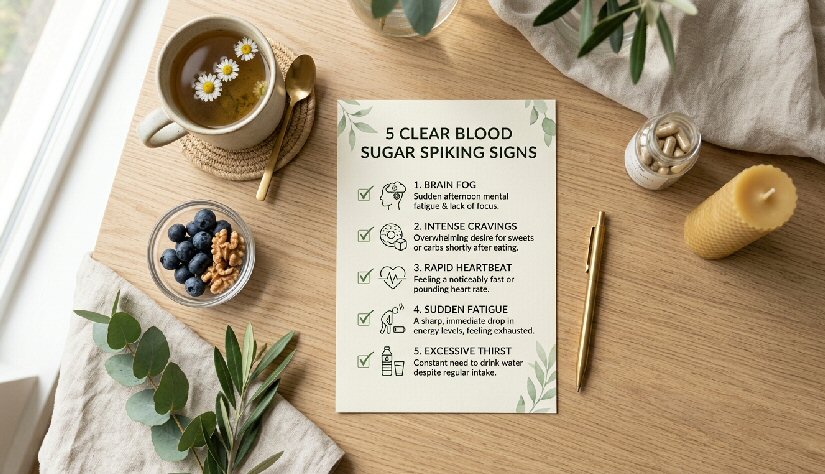 An aesthetic top-down wellness photo highlighting 5 clear blood sugar spiking signs on a clean, modern checklist.