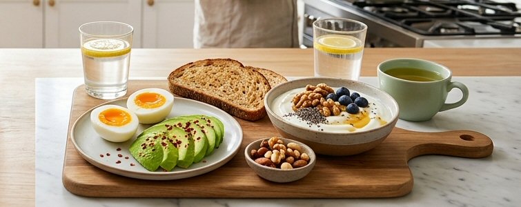 Breakfasts for stable energy with protein-rich, clean-burning options like eggs, avocado, walnuts, and Greek yogurt.