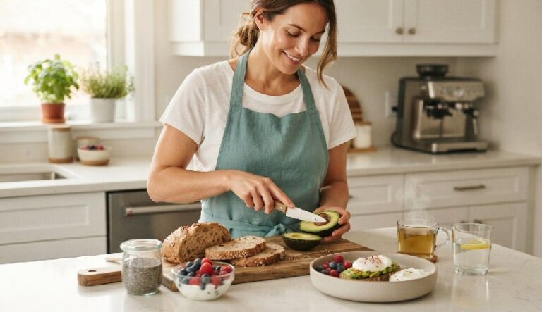 A woman in a teal apron slicing a fresh avocado on a wooden cutting board next to low-glycemic breakfast options like raw walnuts, chia seeds, and whole-grain bread.
