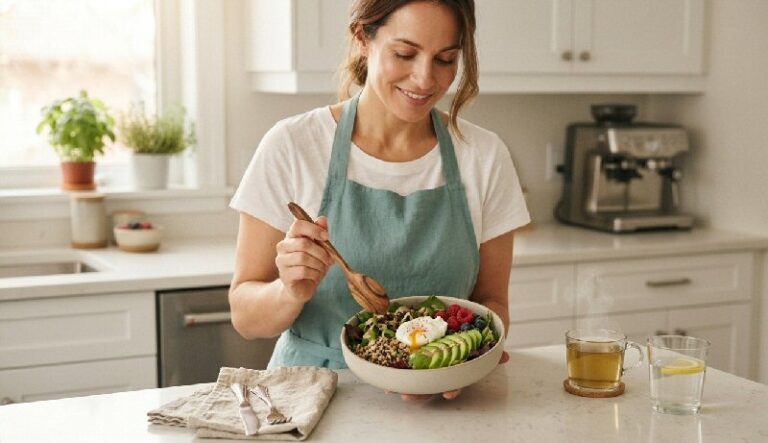 A smiling woman in a green apron holding a healthy, blood-sugar-friendly grain bowl topped with avocado, fresh berries, and a soft-boiled egg in a clean white kitchen.